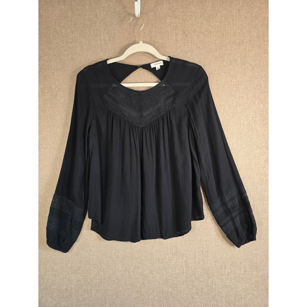 Eyeshadow Womens Black Lace Crochet Long Sleeve Keyhole Back Blouse L J53304MNPO